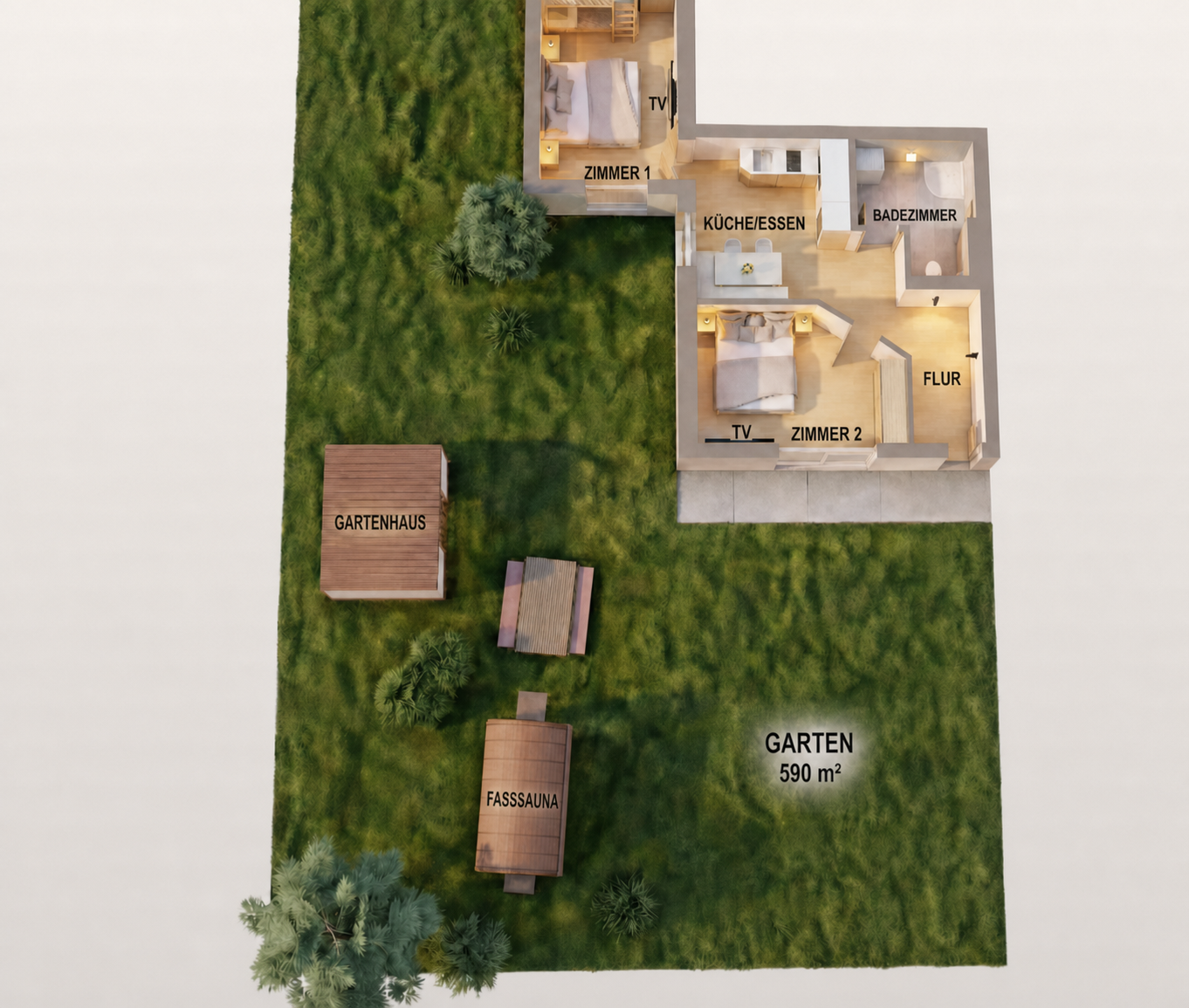 Grundriss Berglodge Hochrindl — 2 Schlafzimmer, Küche, Badezimmer, 590m² Garten mit Fasssauna
