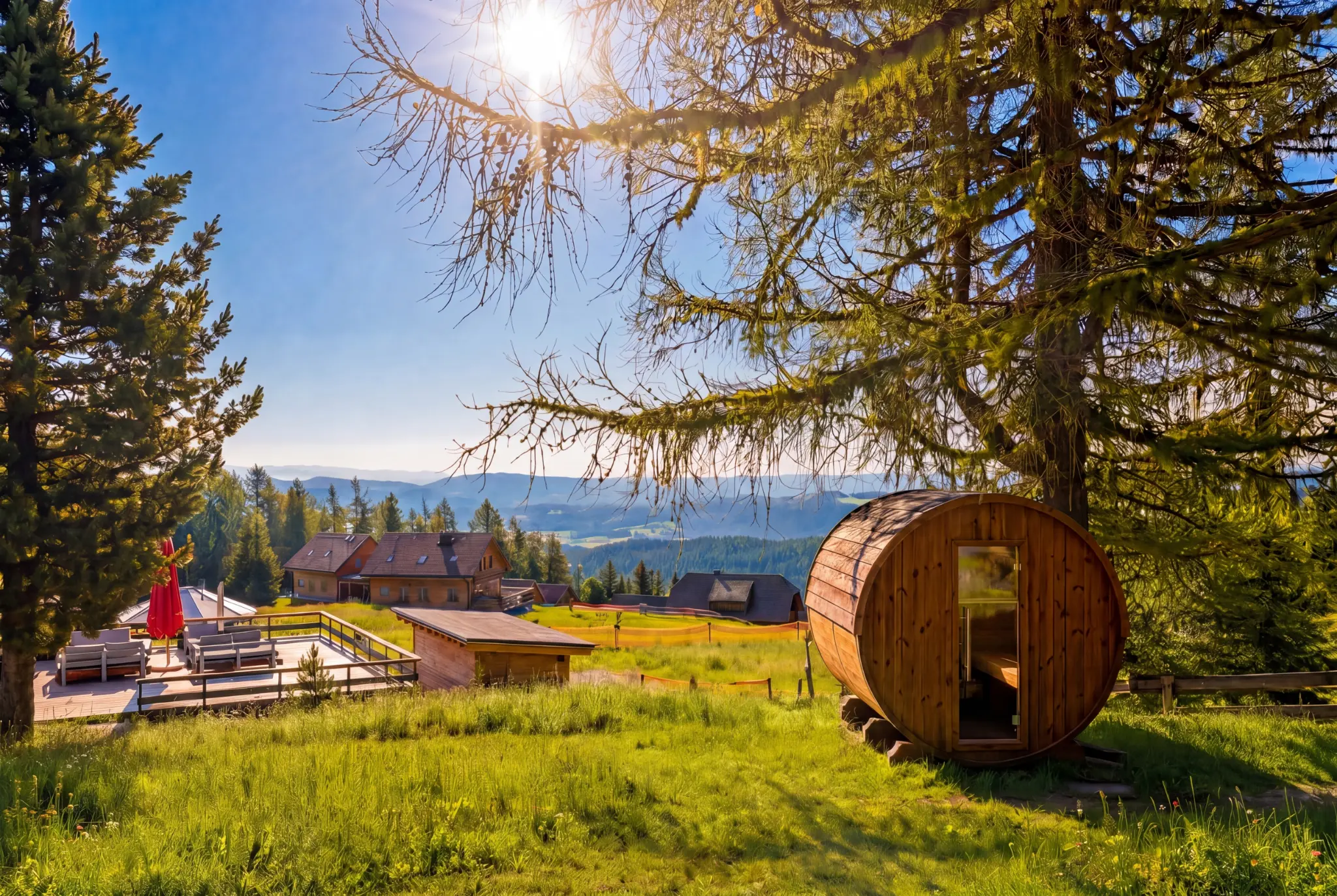 Berglodge Hochrindl — barrel sauna with panoramic view of the Gurktaler Alps