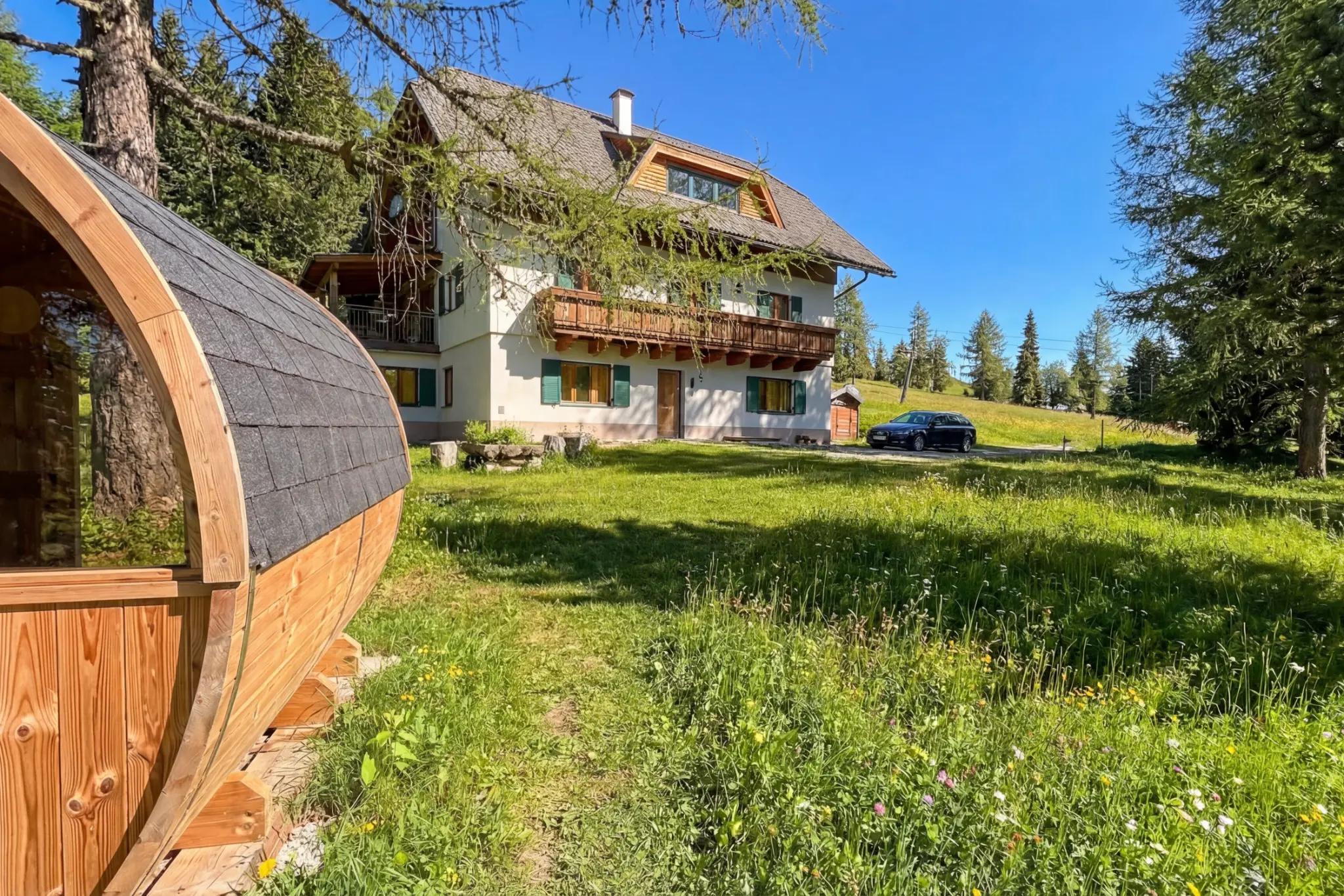 Private barrel sauna panorama Berglodge Hochrindl summer Carinthia